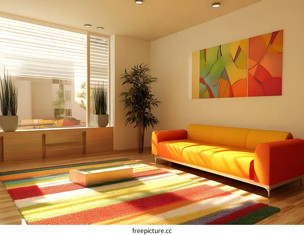Modern Living Room Interior Design with Orange Sofa