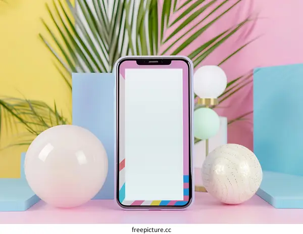 Phone Mockup with Colorful Background and Palm Leaves