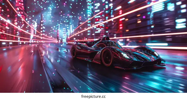 Futuristic Sports Car Races Through City at Night