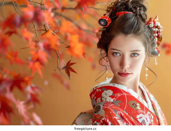 Portrait of a beautiful Japanese woman in traditional kimono