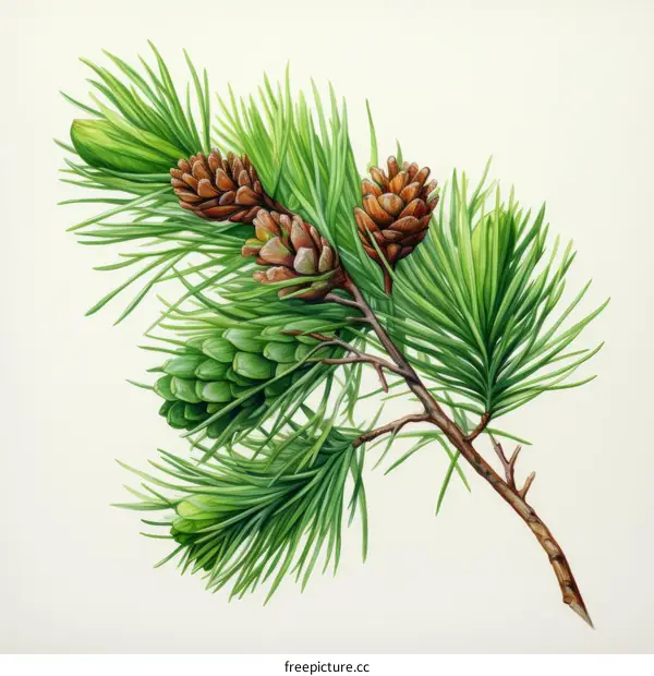 A botanical illustration of a pine branch with cones