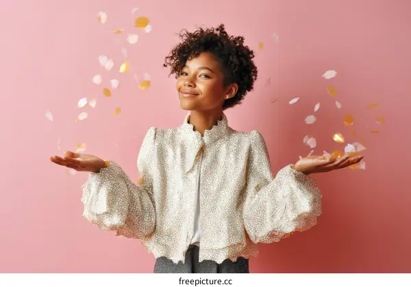 Happy Girl Throwing Confetti on Pink Background