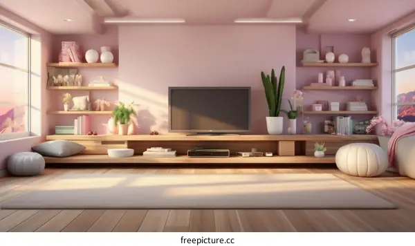 A pink living room with a TV and a rug