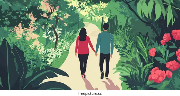 Couple Walking Through Lush Green Forest Path