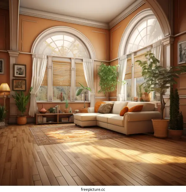 Elegant living room interior with large windows and plants