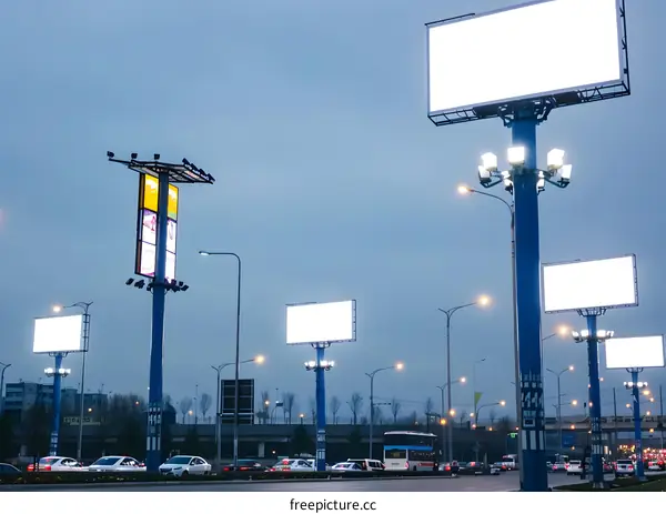 Blank Billboards on Street Lights at Dusk