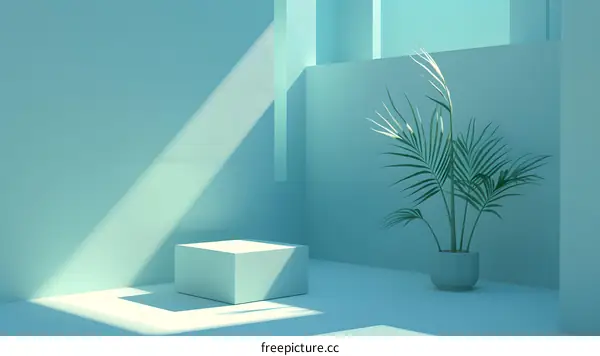Minimalist Blue Room with a Palm Plant and a Cube