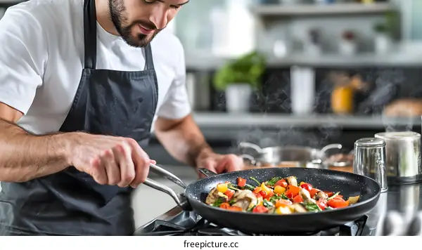 Man Cooking Vegetables in Kitchen