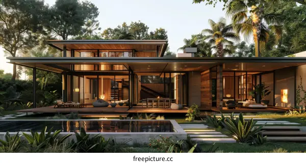 Modern luxury house with pool and tropical garden