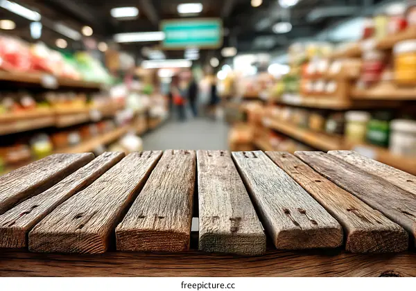 Wooden Table Top in Grocery Store Blurred Background
