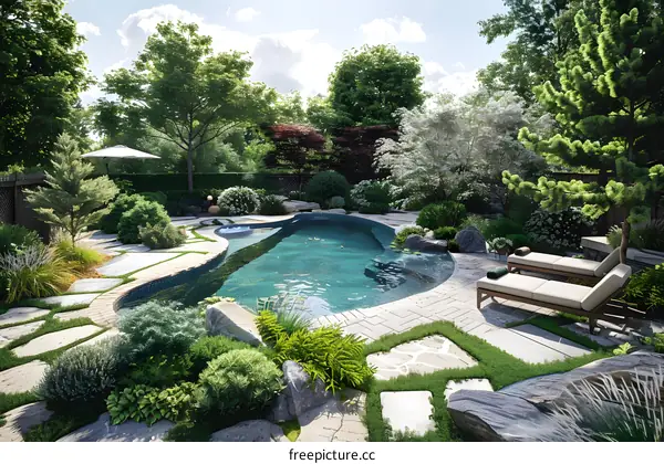A beautiful garden with a swimming pool