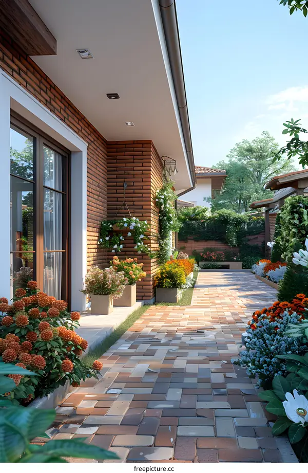 Brick Patio With Flower Beds and Brick Wall