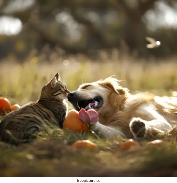 A ginger cat and a golden retriever are lying in the grass next to some pumpkins.