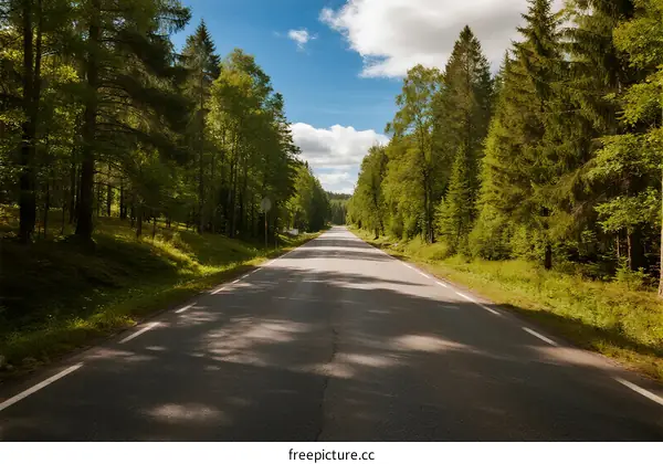 A peaceful road surrounded by lush green trees under a clear blue sky