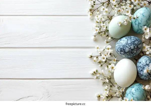 Pastel Easter Eggs with Spring Flowers on White Wood