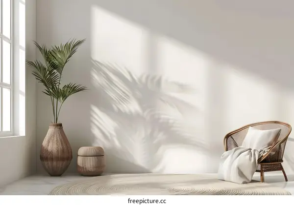 Minimalist Living Room with Wicker Chair and Palm Plant