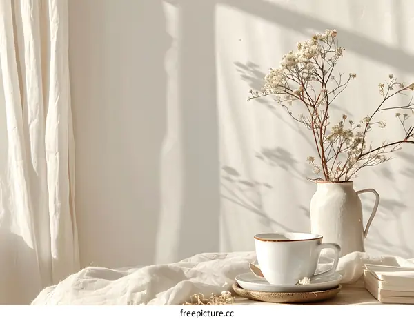 Minimalist Home Decor with White Cup, Dried Flowers and Sunlight