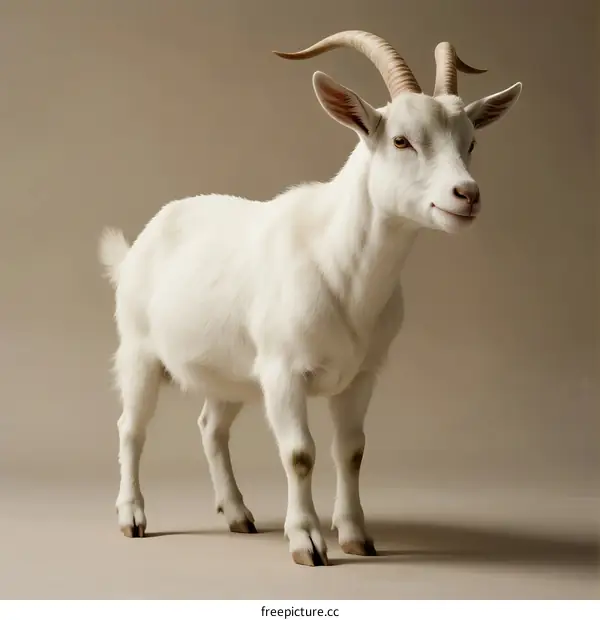 White Goat with Curved Horns Standing Against Neutral Background