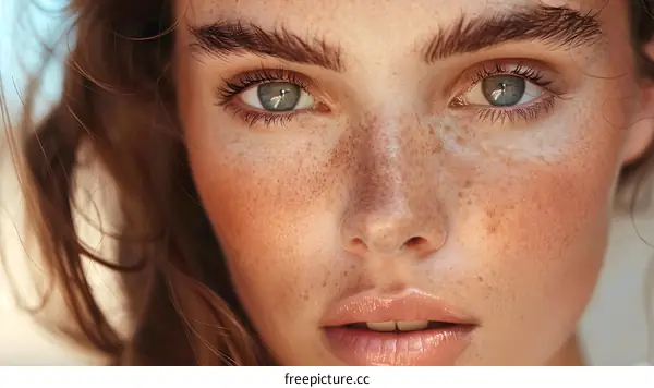 Close-up Beauty Portrait of Young Woman with Freckles
