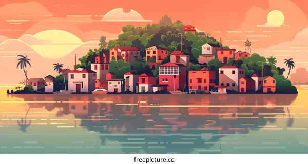 Sunset Over Small Island Village with Colorful Houses