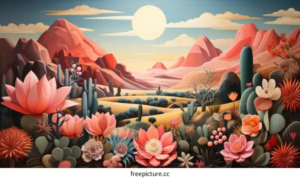 Desert Flowers and Plants with a Setting Sun