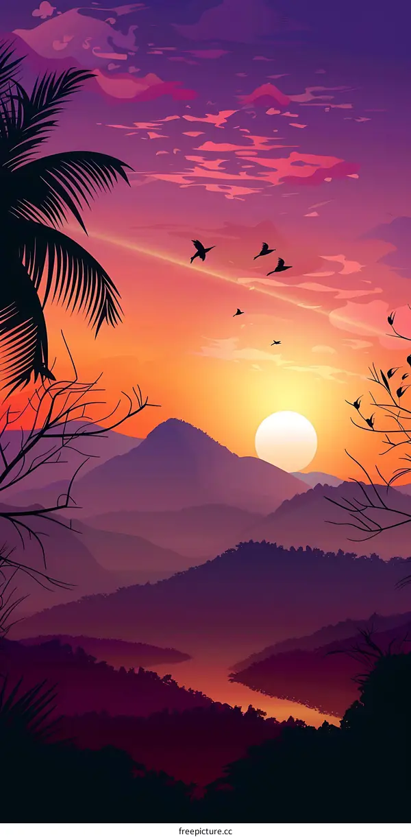 Beautiful Sunset over Mountains and River