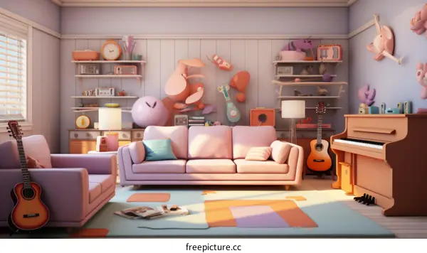 Cozy living room with pink sofa, guitars, and a piano