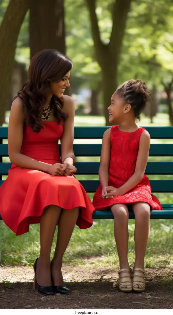 Happy African American mother and daughter sitting on park bench
