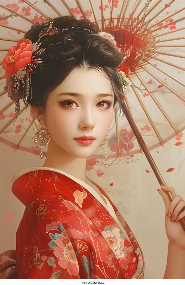 Portrait of a beautiful Asian woman in traditional Japanese kimono with red umbrella