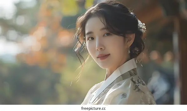 Portrait of a young woman in traditional Korean dress, or Hanbok