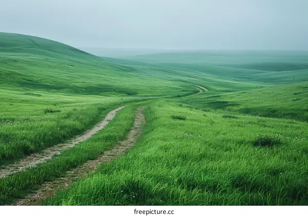 Countryside dirt road through a lush green grassy hill