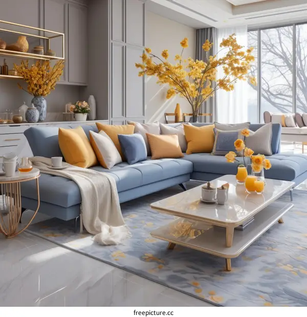 Airy and Modern Living Room Design with Sectional Sofa and Floral Decor