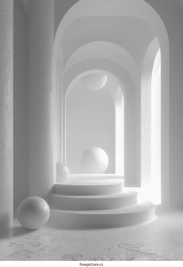 Minimalist White Podium with Arches and Spheres
