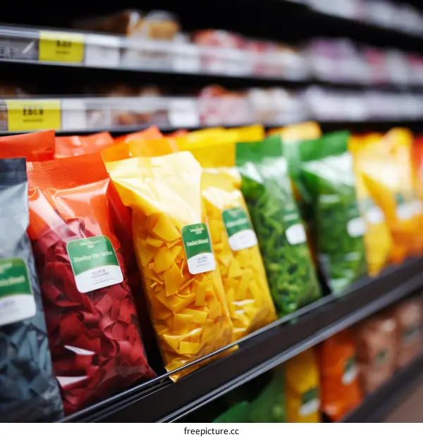 Colorful Variety of Pasta on Display in a Grocery Store