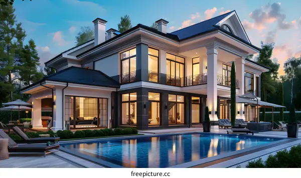 A luxurious mansion with a pool