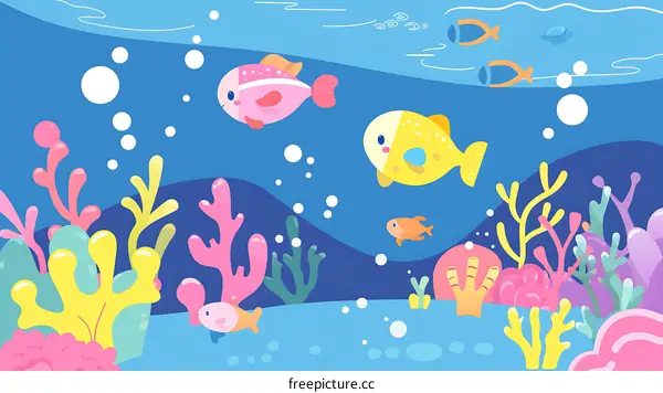 Colorful Cartoon Underwater Scene with Fish and Coral Reef