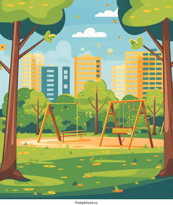 City Park Playground with Green Trees and Swings