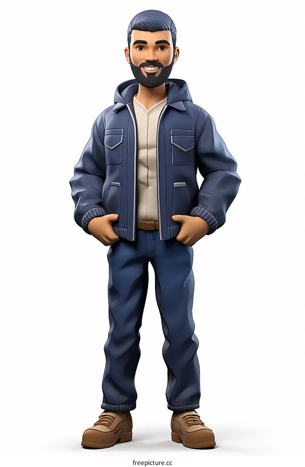 A man wearing a blue jacket and jeans is standing with his hands in his pockets.