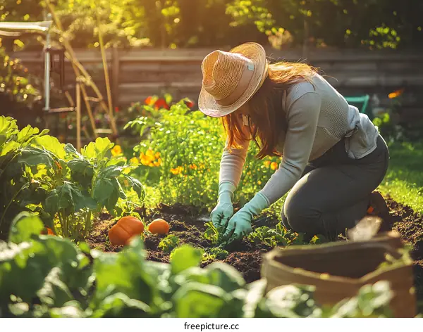 Woman in a Straw Hat Kneeling in a Garden Planting Plants