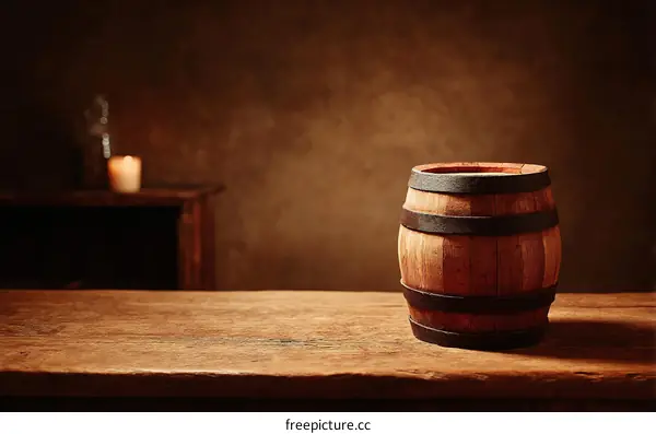 Vintage Wooden Barrel on Rustic Table