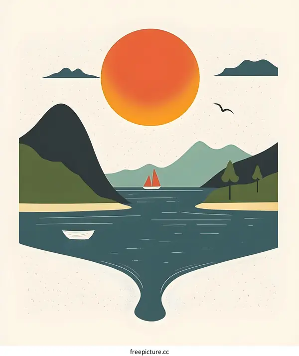 Sunset Over Mountains and Sea, Open Book Art Illustration