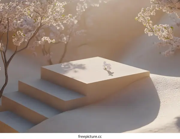 Minimalist 3D Render of Beige Podium with Cherry Blossoms