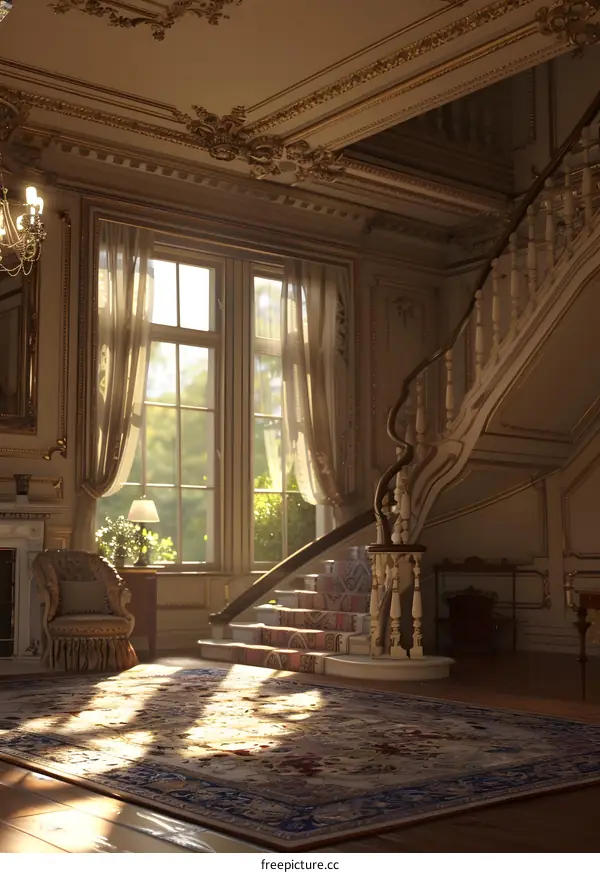 Elegant Staircase in a Luxurious Mansion with Golden Details and Sunlight Streaming Through the Window