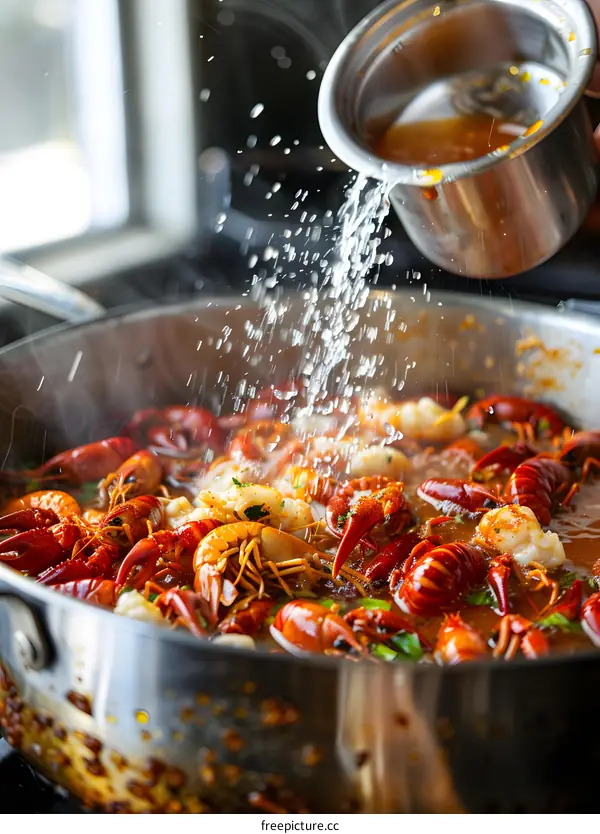 Pouring Water over Cooked Crayfish in a Pot