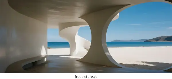 Modern Architectural Structure with Circular Windows Overlooking Beach