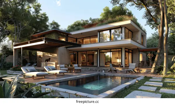 Modern Hillside Villa with Lush Rainforest Surroundings and Ocean Views