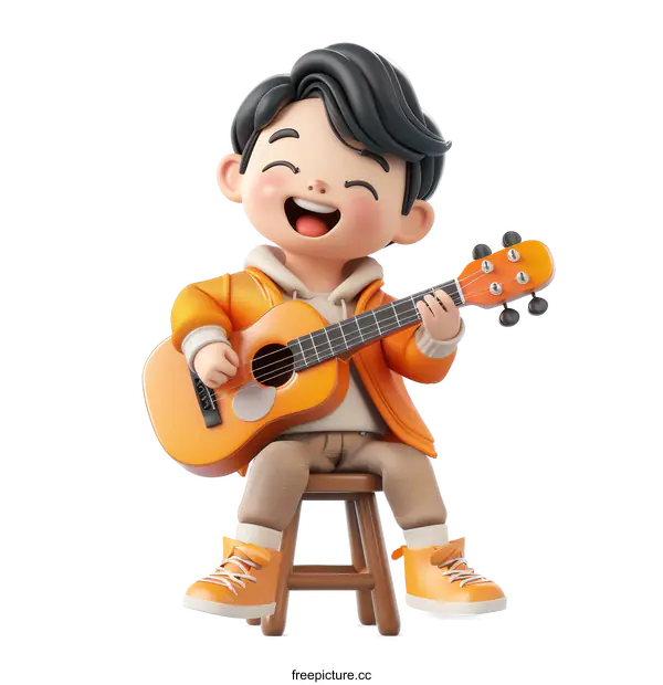 [Transparent Background PNG]3D illustration of a boy playing the guitar