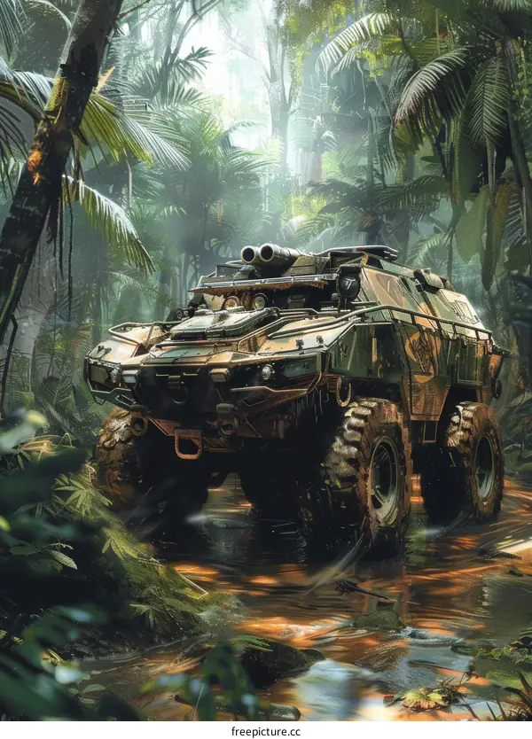 Armored Vehicle Driving Through the Jungle
