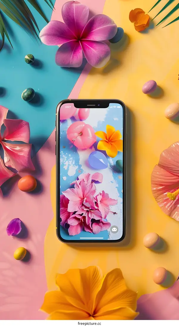 Flowers and Smartphone on Colorful Background