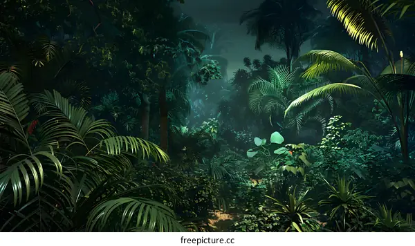 Dark Tropical Jungle with Lush Green Foliage